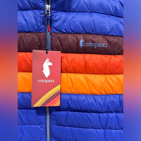 Cotopaxi Men's XL Fuego Down Vest Blue Violet Stripes Yellow NWT Puffy Puff - Picture 4 of 15